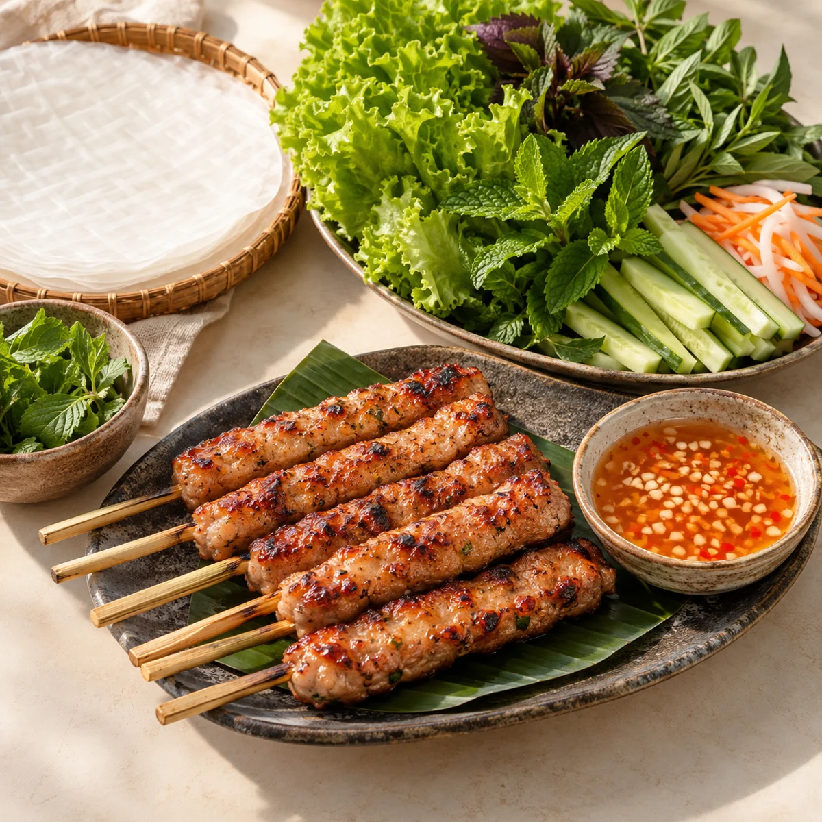 Hình minh họa AI món Nem nướng, không phải ảnh món tại quán